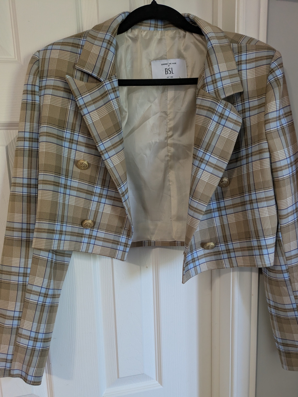 Cropped Plaid Blazer Jacket in Beige and Light Blue